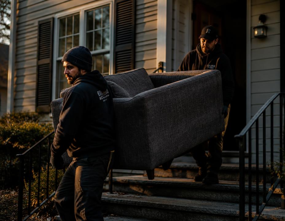 Crew carrying a couch down porch steps