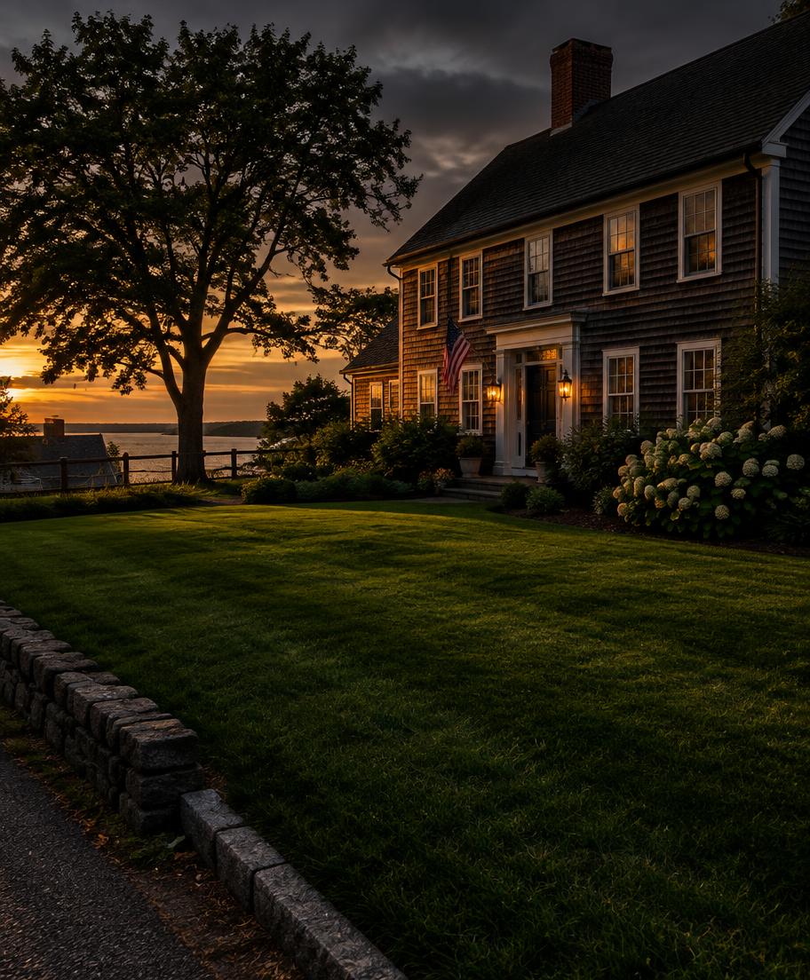 Freshly mowed lawn in front of a New England home