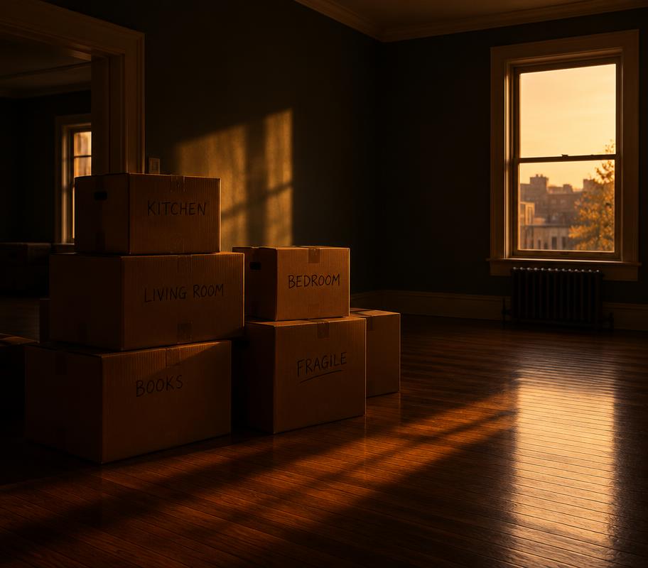 Labeled moving boxes stacked in an empty room