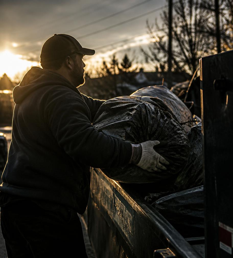 Worker loading bagged yard waste into a truck